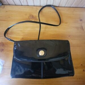 Black Patent Leather Clutch Bag with Gold Emblem Evening Party Handbag‎